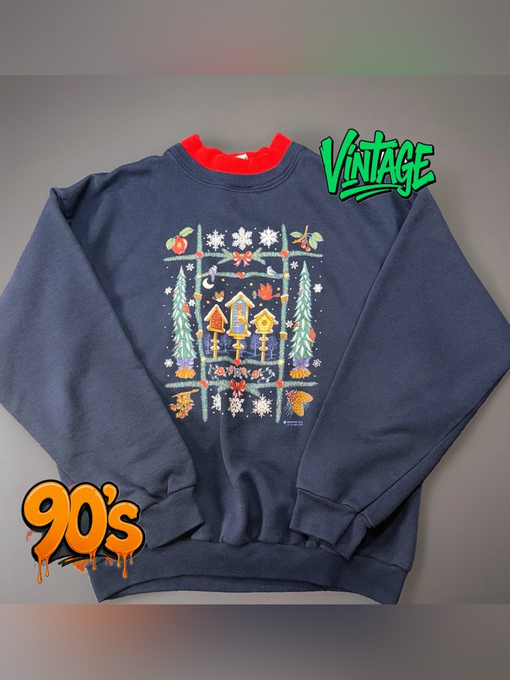 Vintage 90’s Morning Sun Double Collar Winter Themed Crewneck Sweatshirt Medium